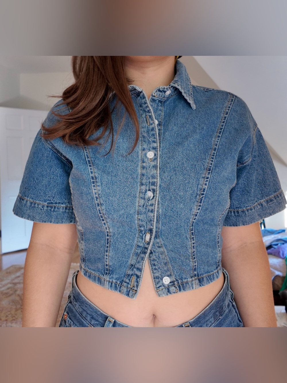 Cider Blue Denim Cropped Button Up Top